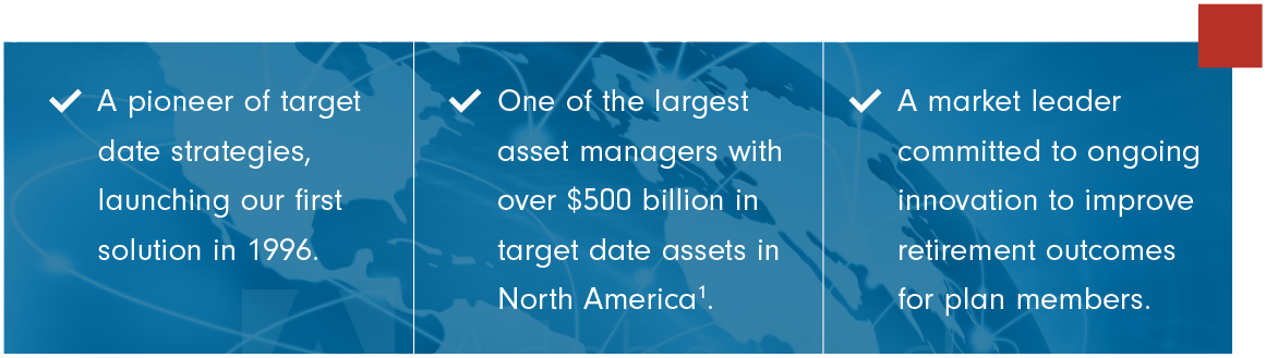A pioneer of target date strategies, launching our first solution in 1996.  One of the largest asset managers, with over $500 billion in target date assets in North America.*  A market leader committed to ongoing innovation to improve retirement outcomes for plan members.