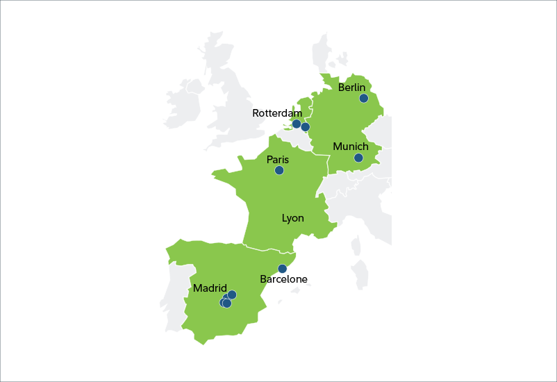 Carte de l’Europe montrant les villes dans lesquelles se trouvent les actifs logistiques immobiliers de Fidelity : Madrid et les environs, Barcelone, Paris, Rotterdam, Berlin et Munich.