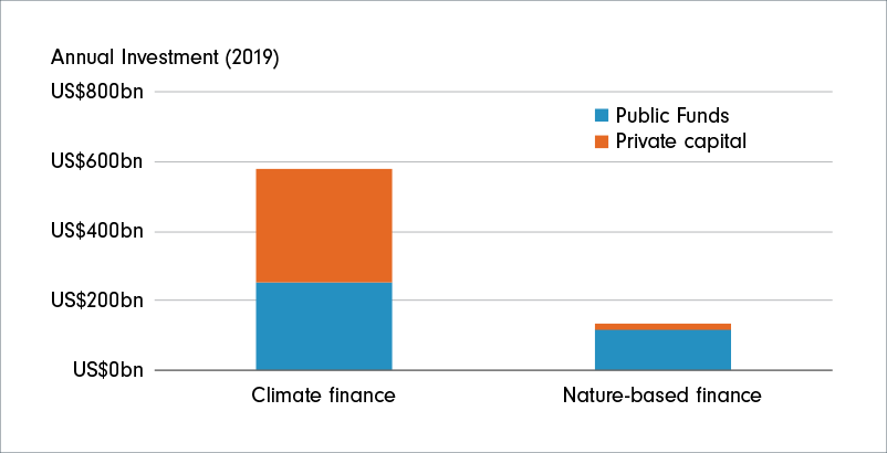 Stacked bar graph showing the gap between climate finance and nature-based solutions. The vertical axis represents annual investment (2019) in billions (USD) and the horizontal axis represents climate finance and nature-based solutions. The blue bars are public funds and the orange bars are private capital. Climate finance has USD 254.76 billion in public funds and USD 324.24 billion in private capital. Nature-based solutions finance has USD 114.38 billion in public funds and USD 18.62 billion in private capital.